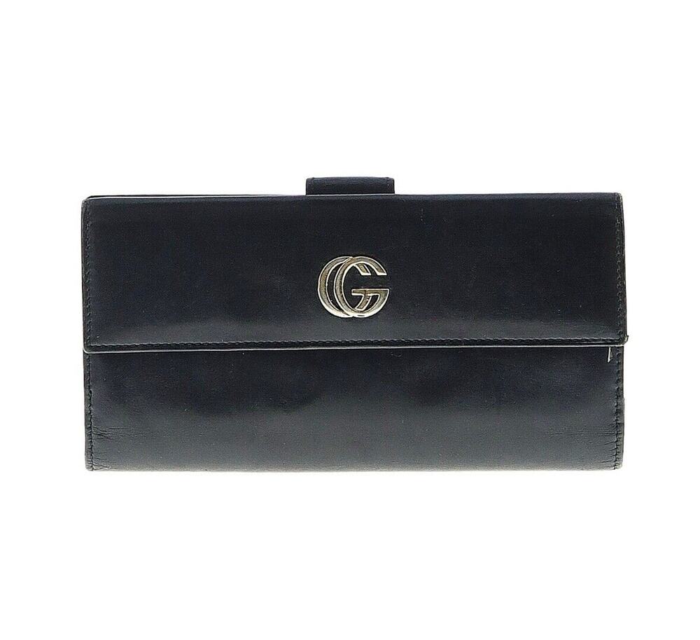 Authentic Gucci Black Leather Wallet Purse Gold Double G Hardware